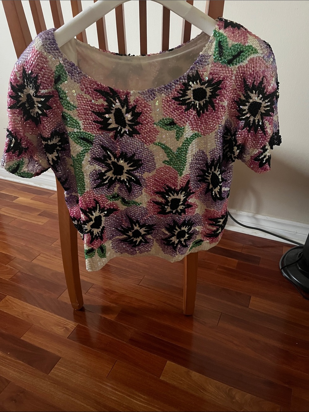 Floral Sequin Beaded Short Sleeve Top in Pink, Purple & Green